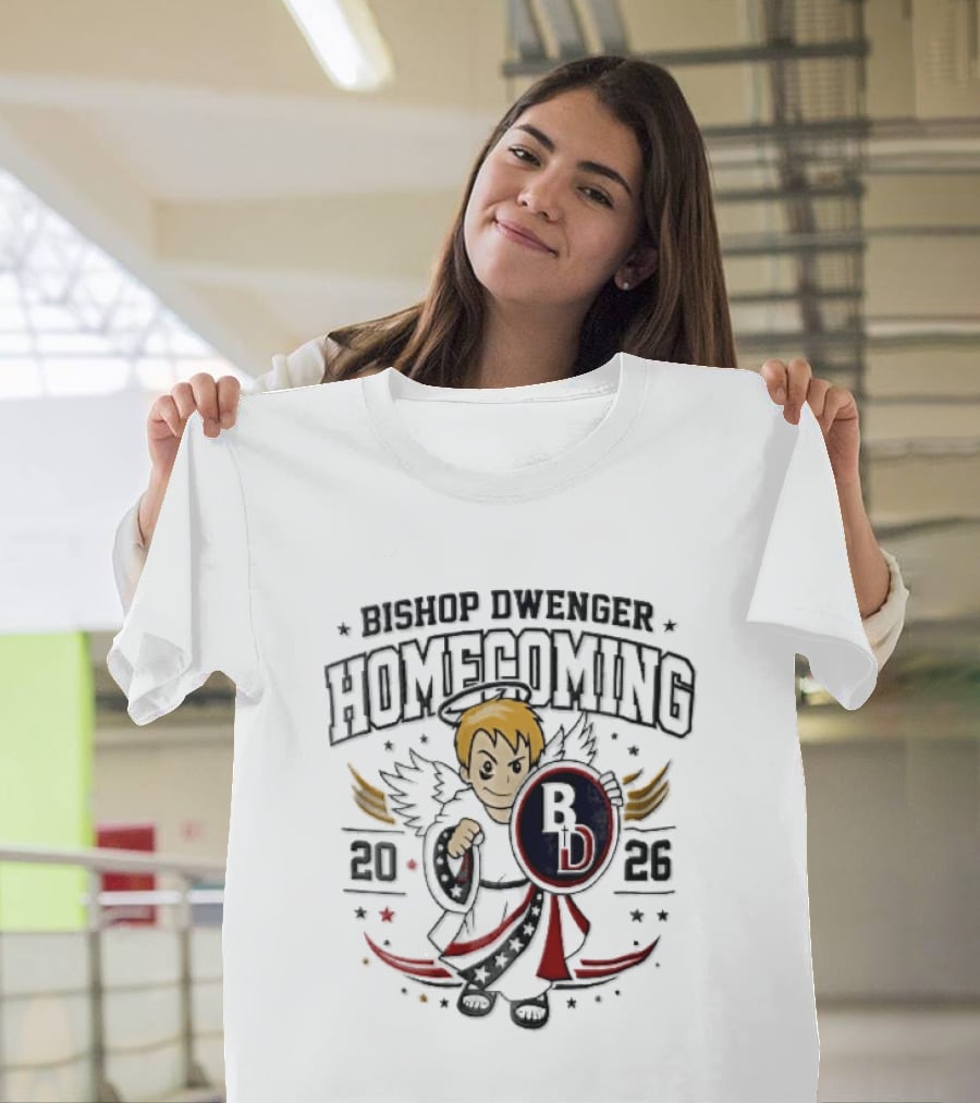 Bishop Dwenger Homecoming 2026 Cartoon Angel Holding Shield Stars 2023 T-Shirt