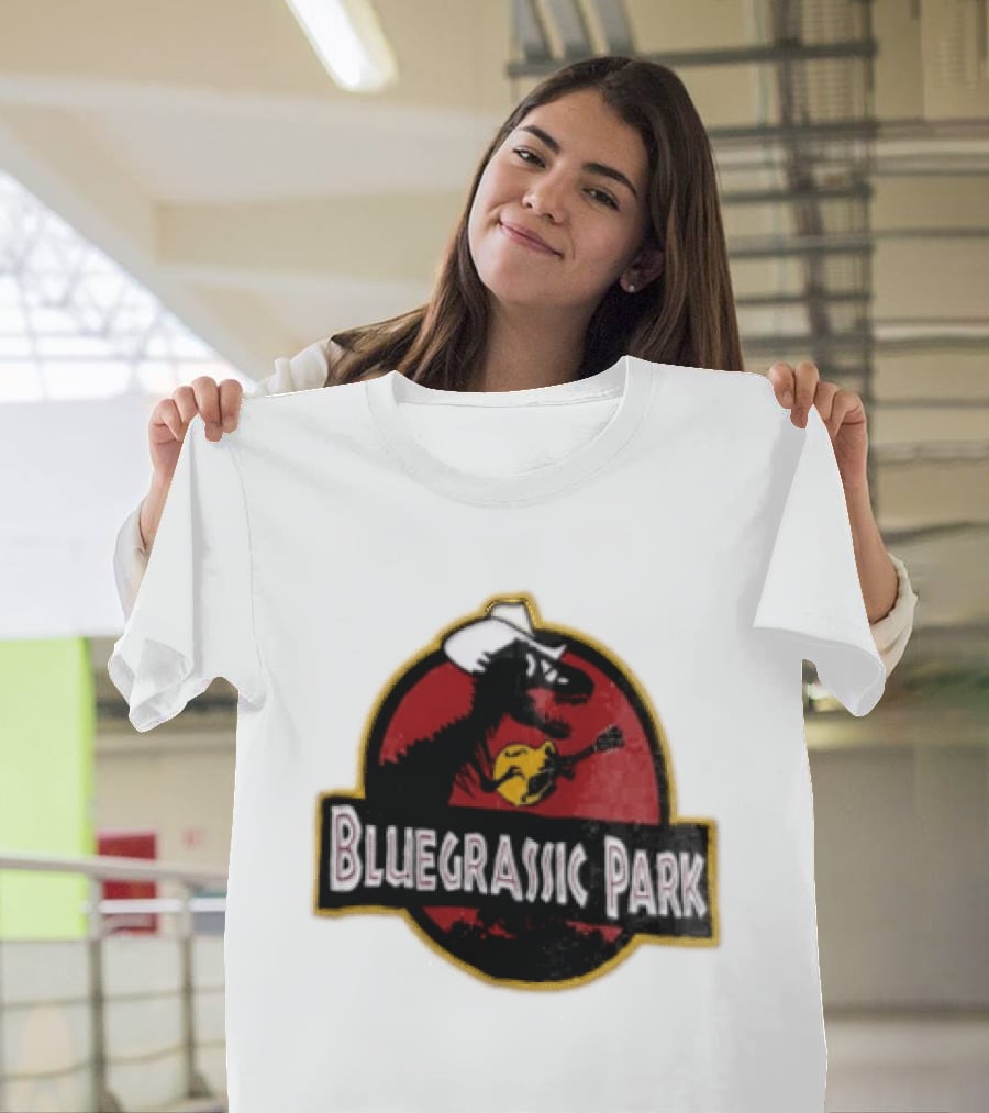 Bluegrassic Park Dinosaur Playing Mandolin Cowboy Hat Jurassic T-Shirt