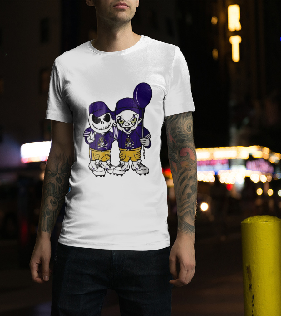 East Carolina Pirates NCAA Jack Skellington Pennywise Clown Purple Balloon T-Shirt