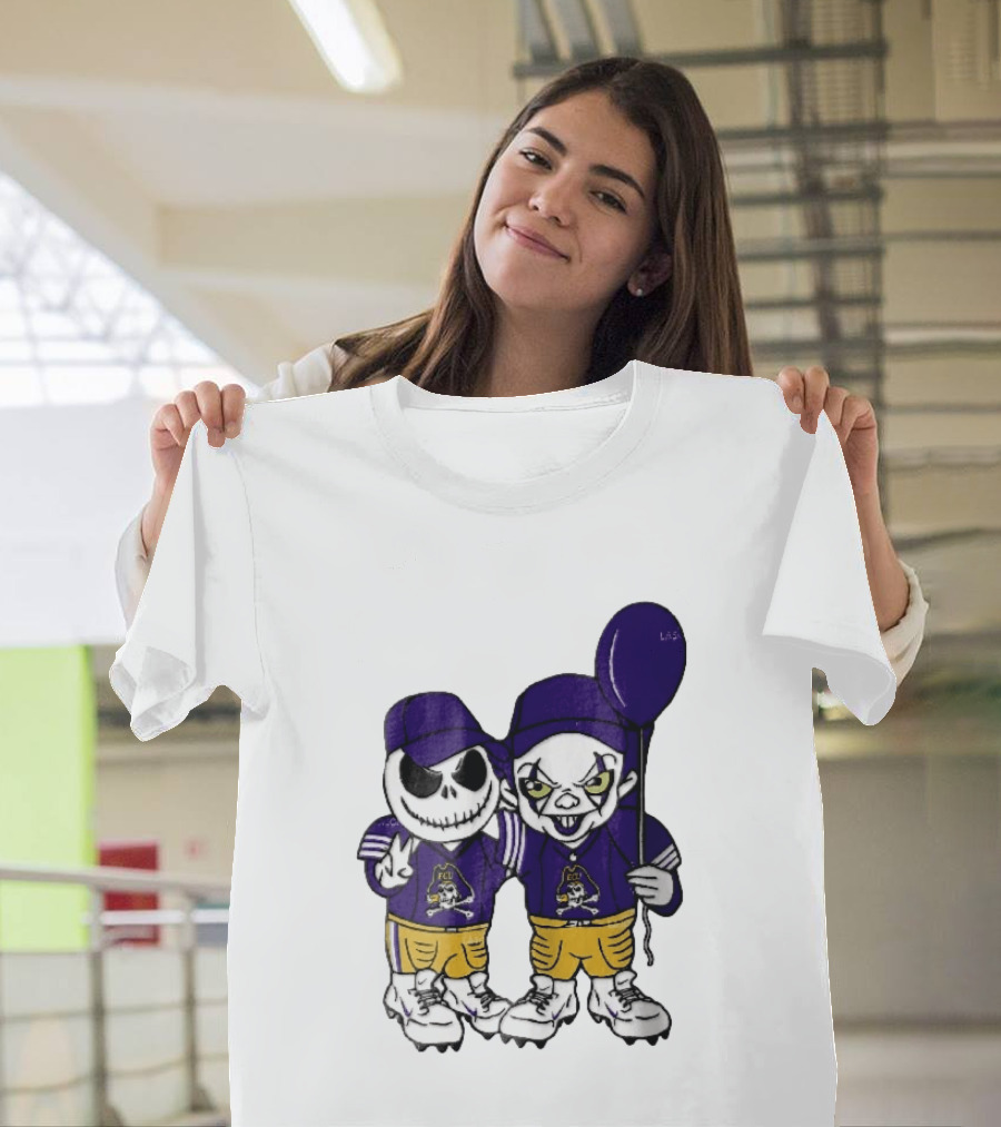 East Carolina Pirates NCAA Jack Skellington Pennywise Clown Purple Balloon T-Shirt