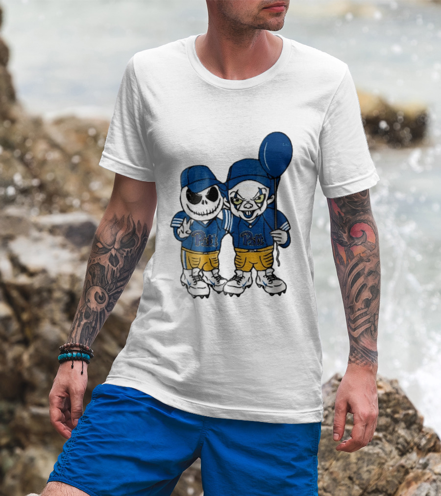 Pittsburgh Panthers NCAA Football Jack Skellington Clown Cartoon Players Blue Balloon T-Shirt