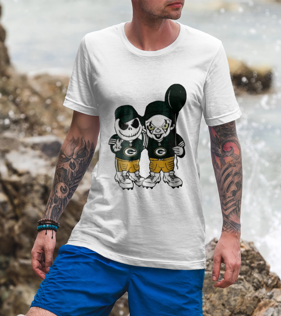 Green Bay Packers Jack Skellington Clown Balloon Cartoon Caricature Duo T-Shirt