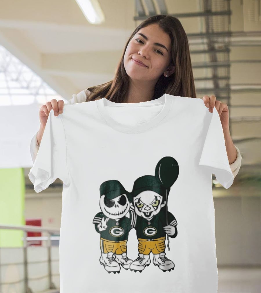 Green Bay Packers Jack Skellington Clown Balloon Cartoon Caricature Duo T-Shirt