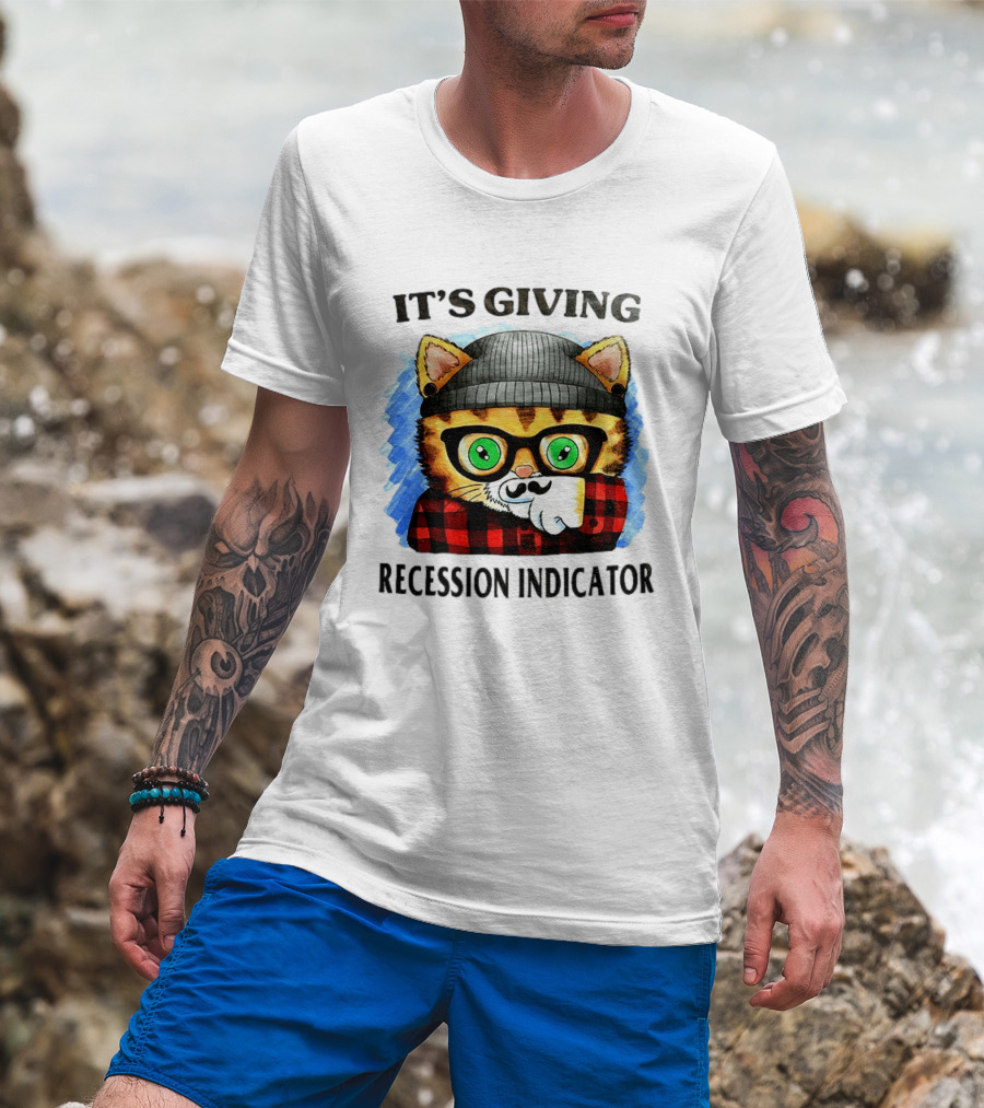 Hipster Cat Glasses Beanie Flannel It's Giving Recession Indicator T-Shirt