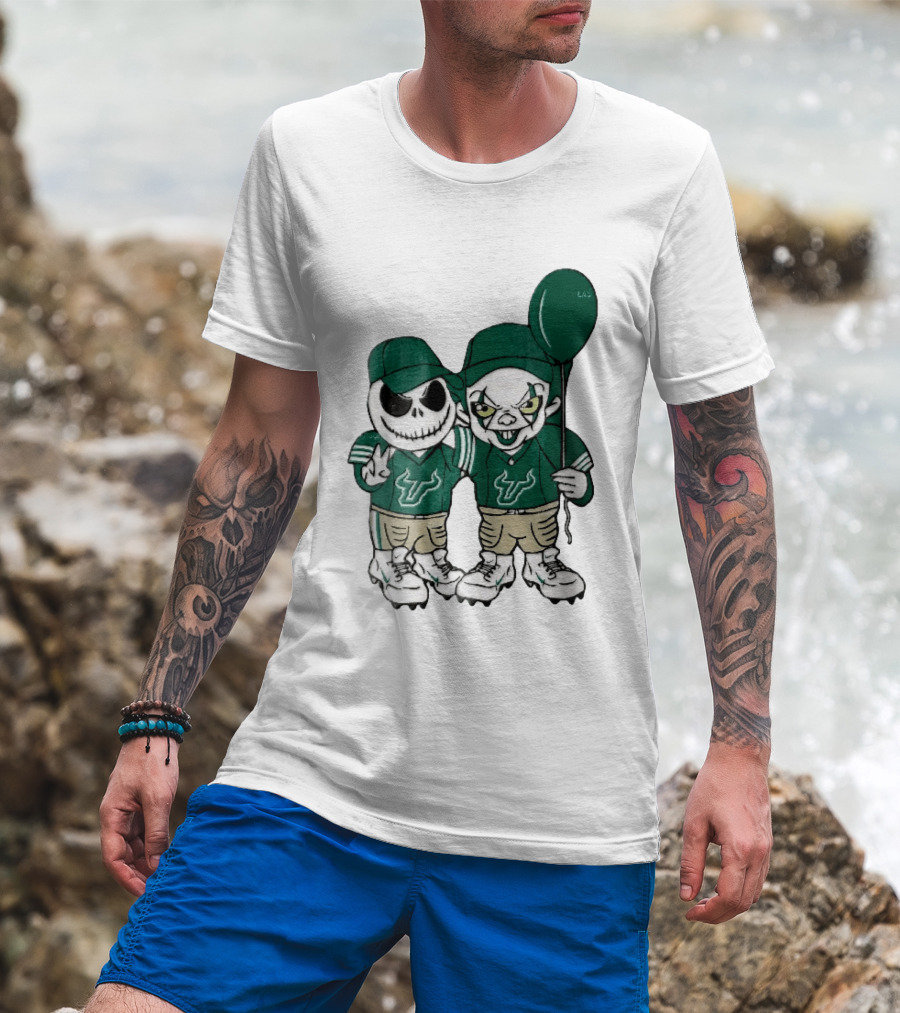 South Florida Bulls Skeleton And Evil Clown With Balloon NCAA Cartoon T-Shirt