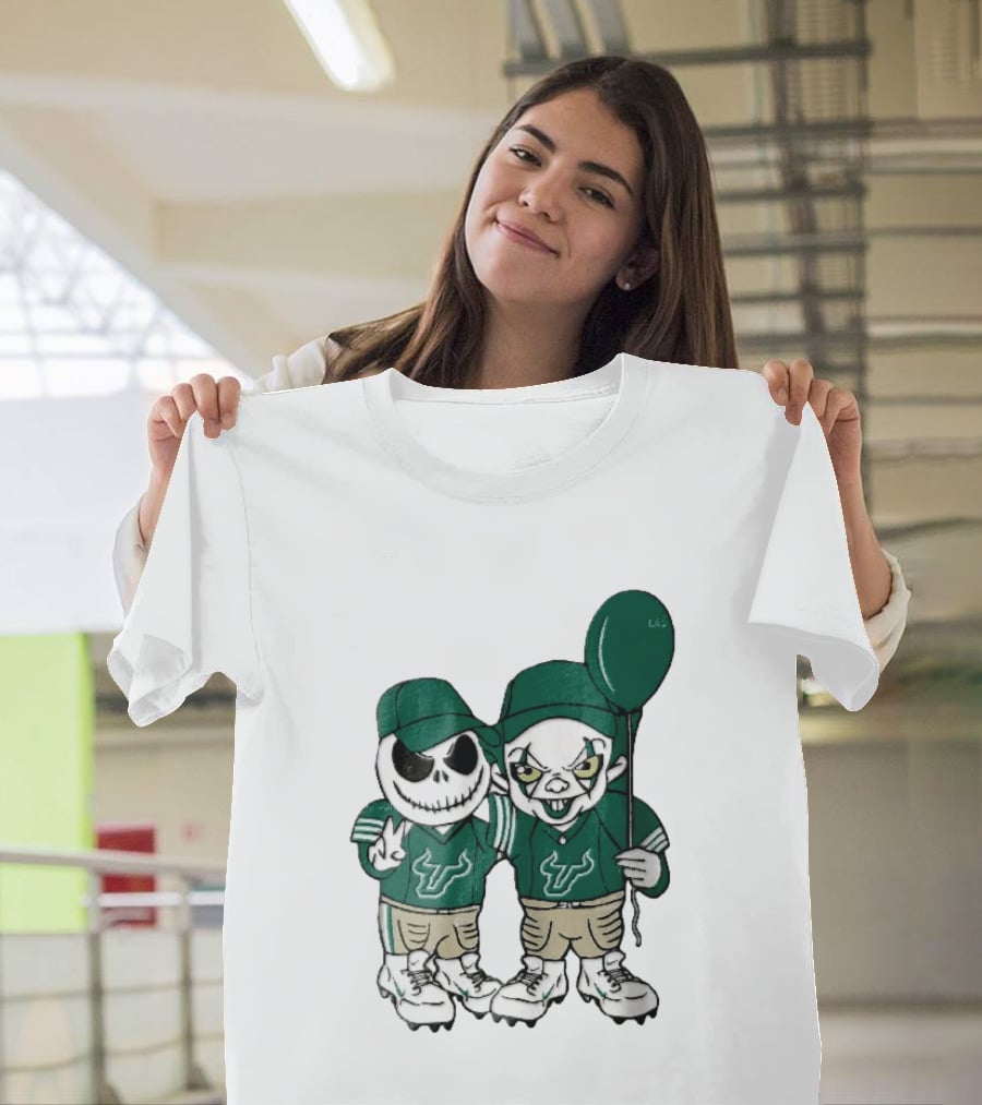 South Florida Bulls Skeleton And Evil Clown With Balloon NCAA Cartoon T-Shirt