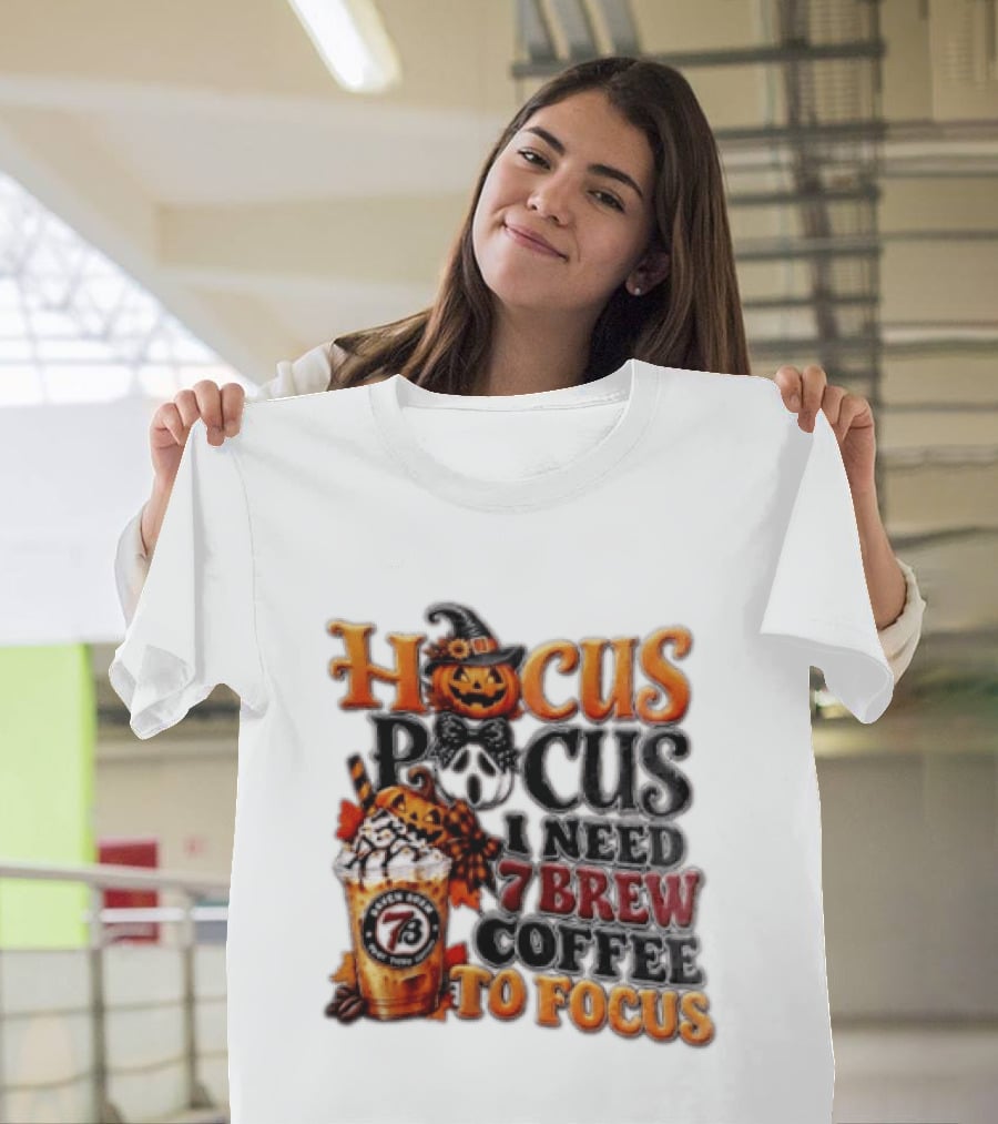Hocus Pocus I Need 7 Brew Coffee To Focus Halloween Pumpkin Jack O' Lantern Drink T-Shirt