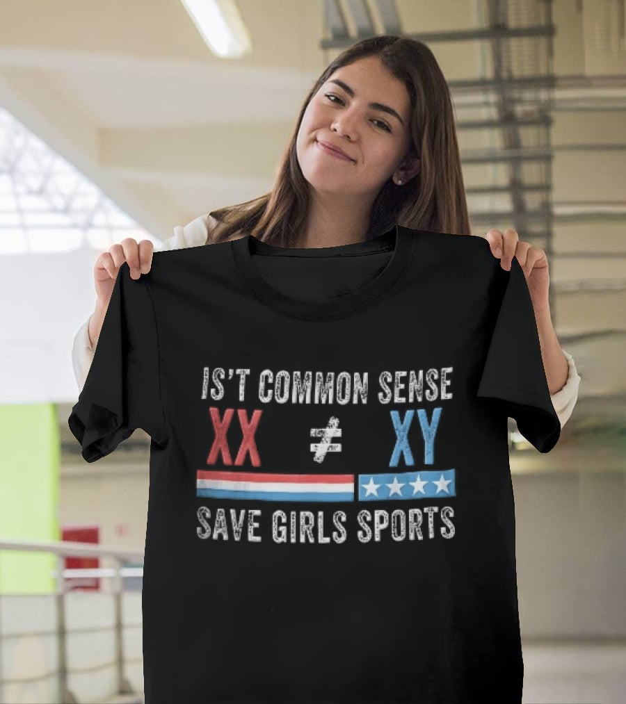 Is Common Sense Xx Xy Save Girls Sports Red And Blue Patriotic Stars Stripes Distressed T-Shirt