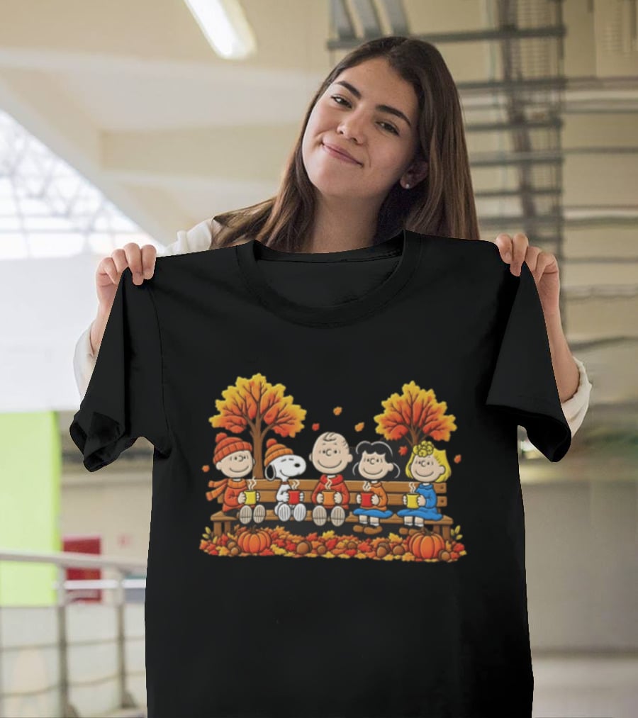 Peanuts Autumn Harvest Scene On Bench With Pumpkins And Falling Leaves T-Shirt