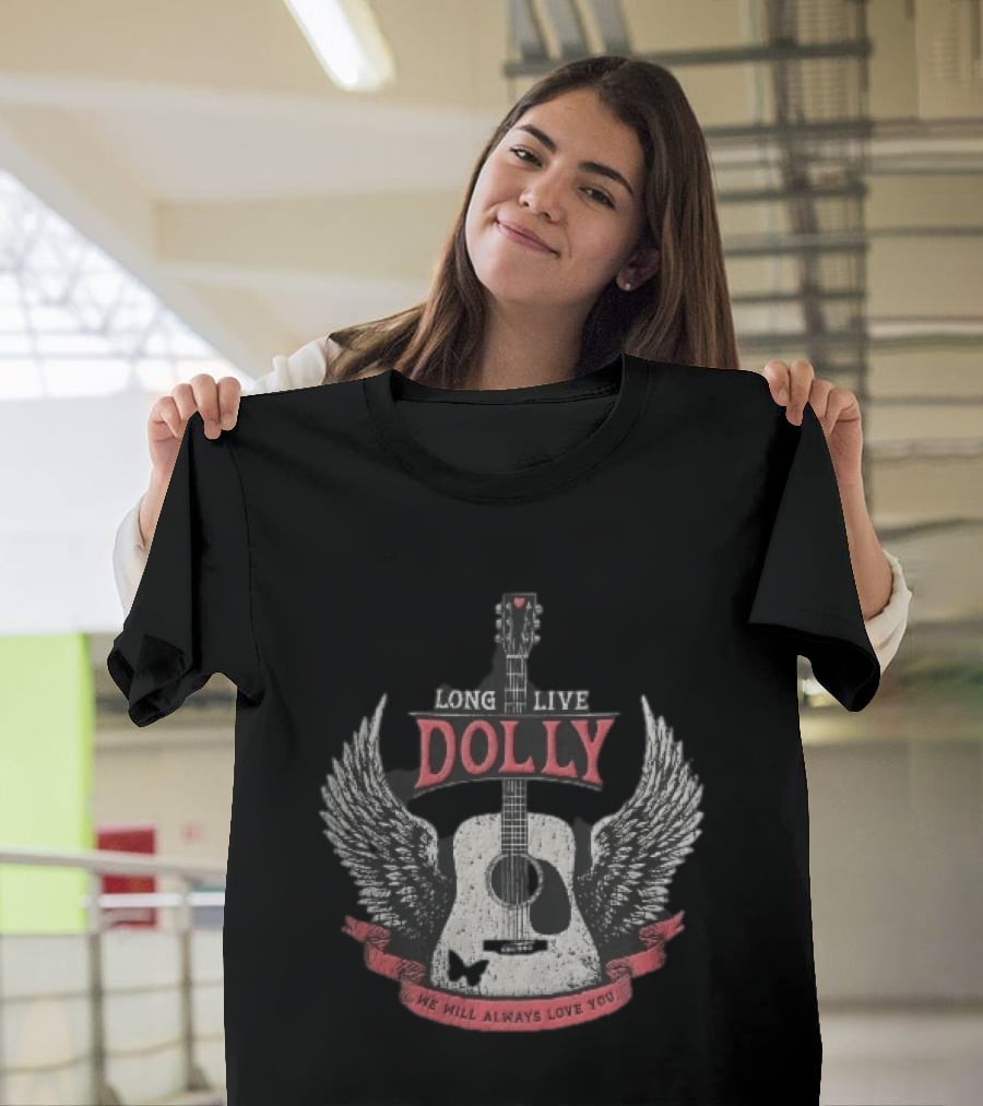 Long Live Dolly Distressed Winged Acoustic Guitar Butterfly Red Banner We Will Always Love You T-Shirt