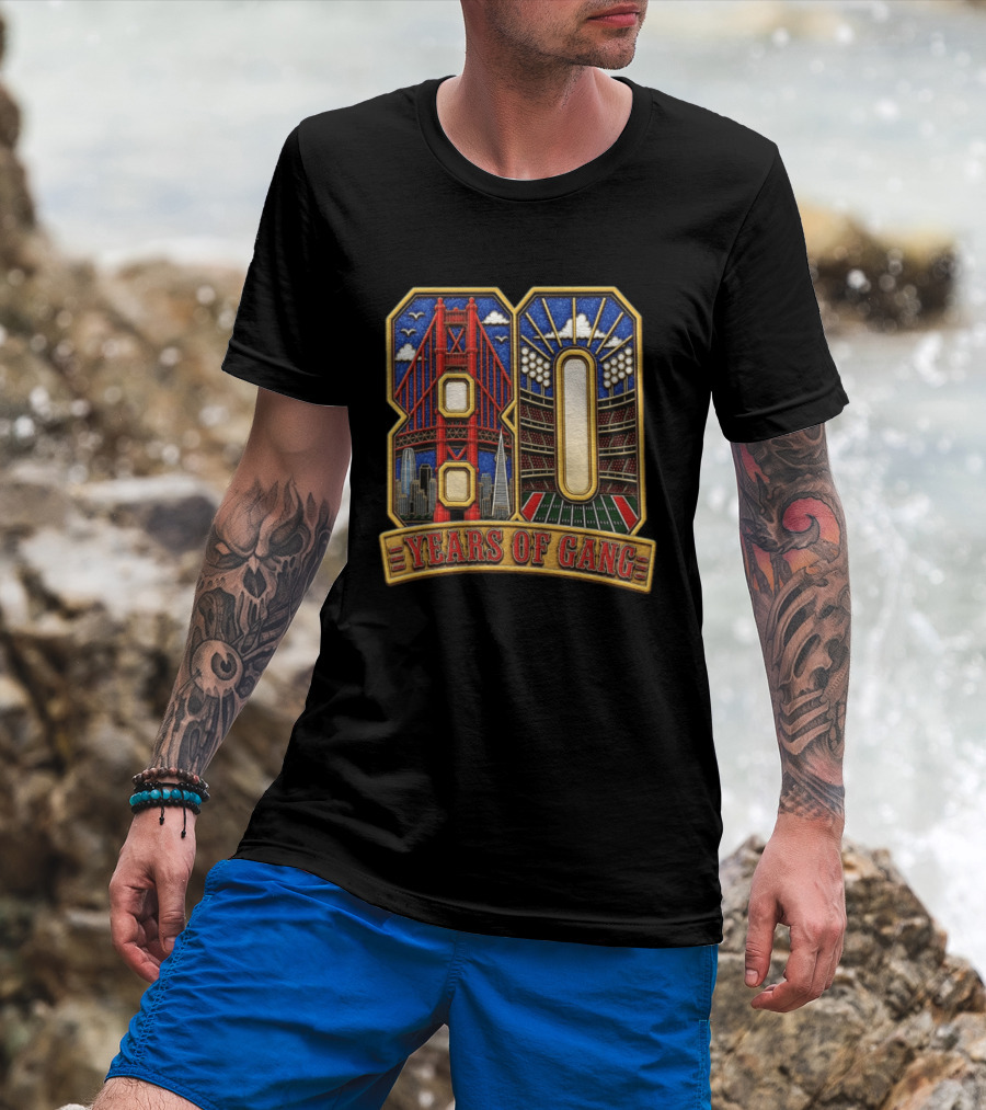 San Francisco 49ers 80 Years Of Gang Bridge And Stadium Celebration T-Shirt