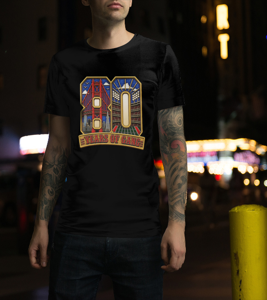 San Francisco 49ers 80 Years Of Gang Bridge And Stadium Celebration T-Shirt