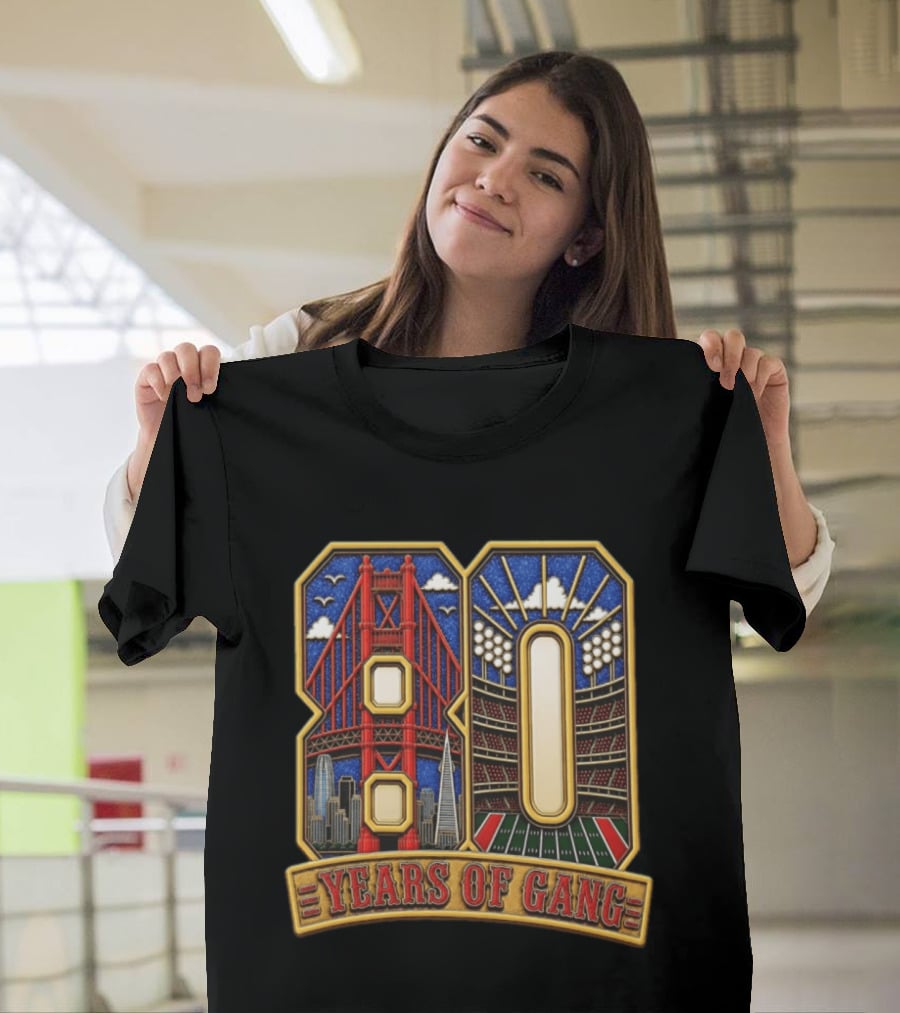 San Francisco 49ers 80 Years Of Gang Bridge And Stadium Celebration T-Shirt