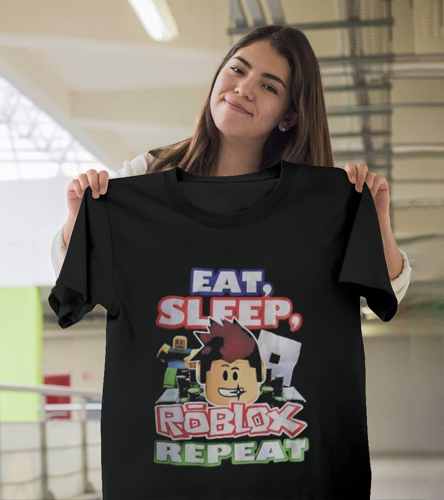 Eat Sleep Roblox Repeat Cartoon Avatar Noob Running Cash Stacks T-Shirt