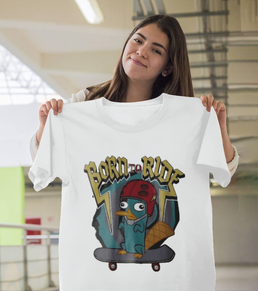 Born To Ride Cartoon Platypus Red Helmet Skateboard T-Shirt
