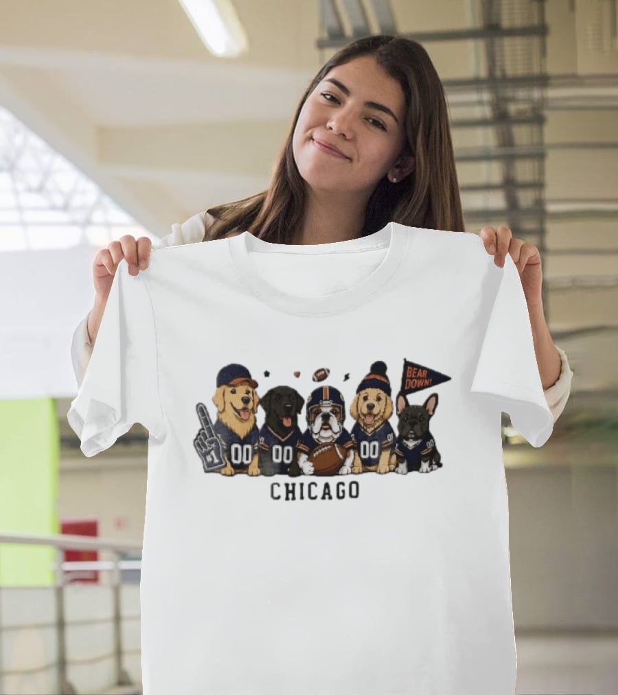 Chicago Bears Bear Down Five Cartoon Dogs In Football Jerseys With Flag And Foam Finger T-Shirt