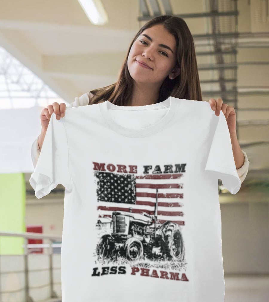 More Farm Less Pharma Distressed American Flag Tractor T-Shirt