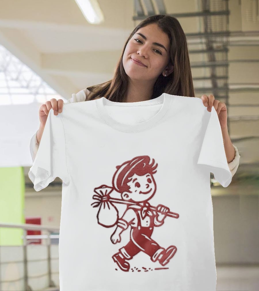 Red Line Cartoon Boy With Bindle Knapsack Stick Drawing T-Shirt