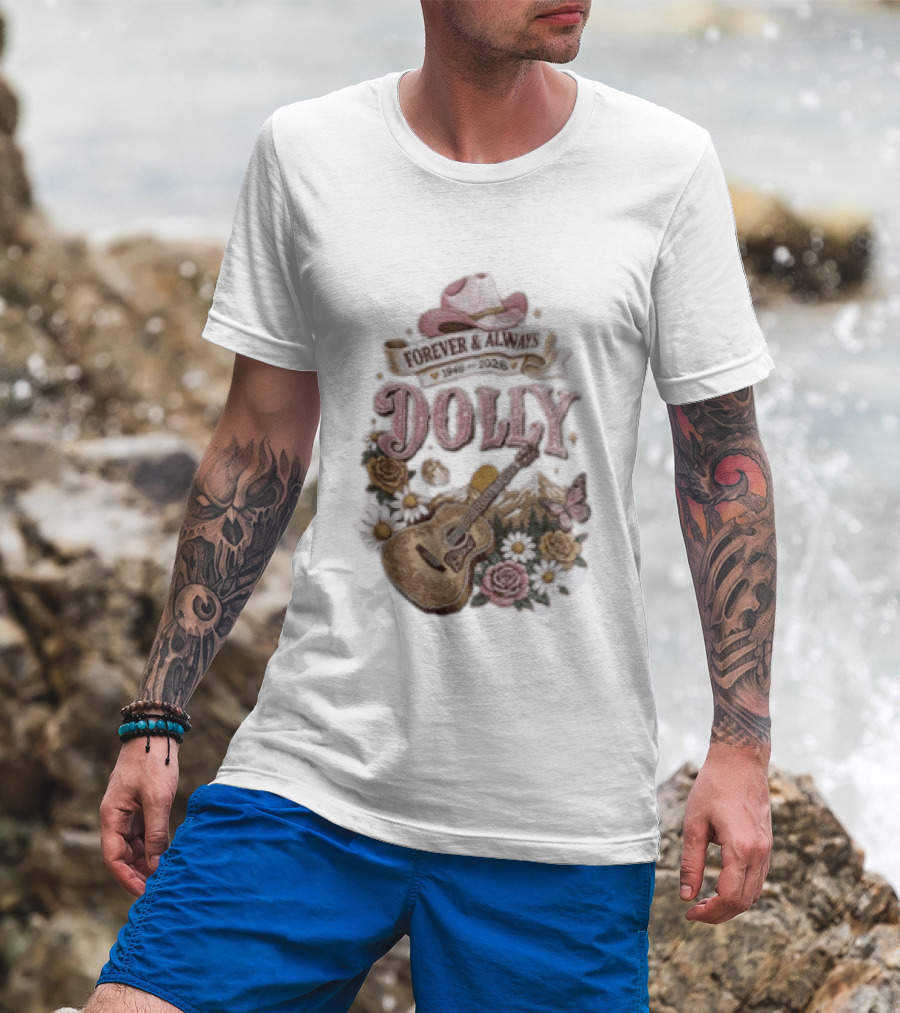 Forever & Always Dolly 1946 2026 Cowboy Hat Guitar Flowers Butterfly T-Shirt