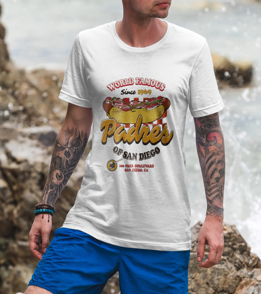 World Famous Padres Of San Diego Since 1969 Halftone Hot Dog 100 Park Boulevard CA T-Shirt