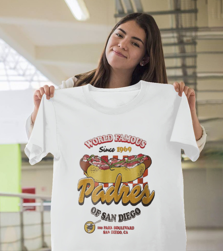 World Famous Padres Of San Diego Since 1969 Halftone Hot Dog 100 Park Boulevard CA T-Shirt