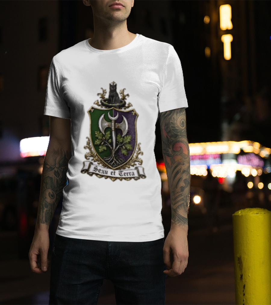Sexu Et Terra Green Purple Shield Black Cat Axe And Tree Crest T-Shirt