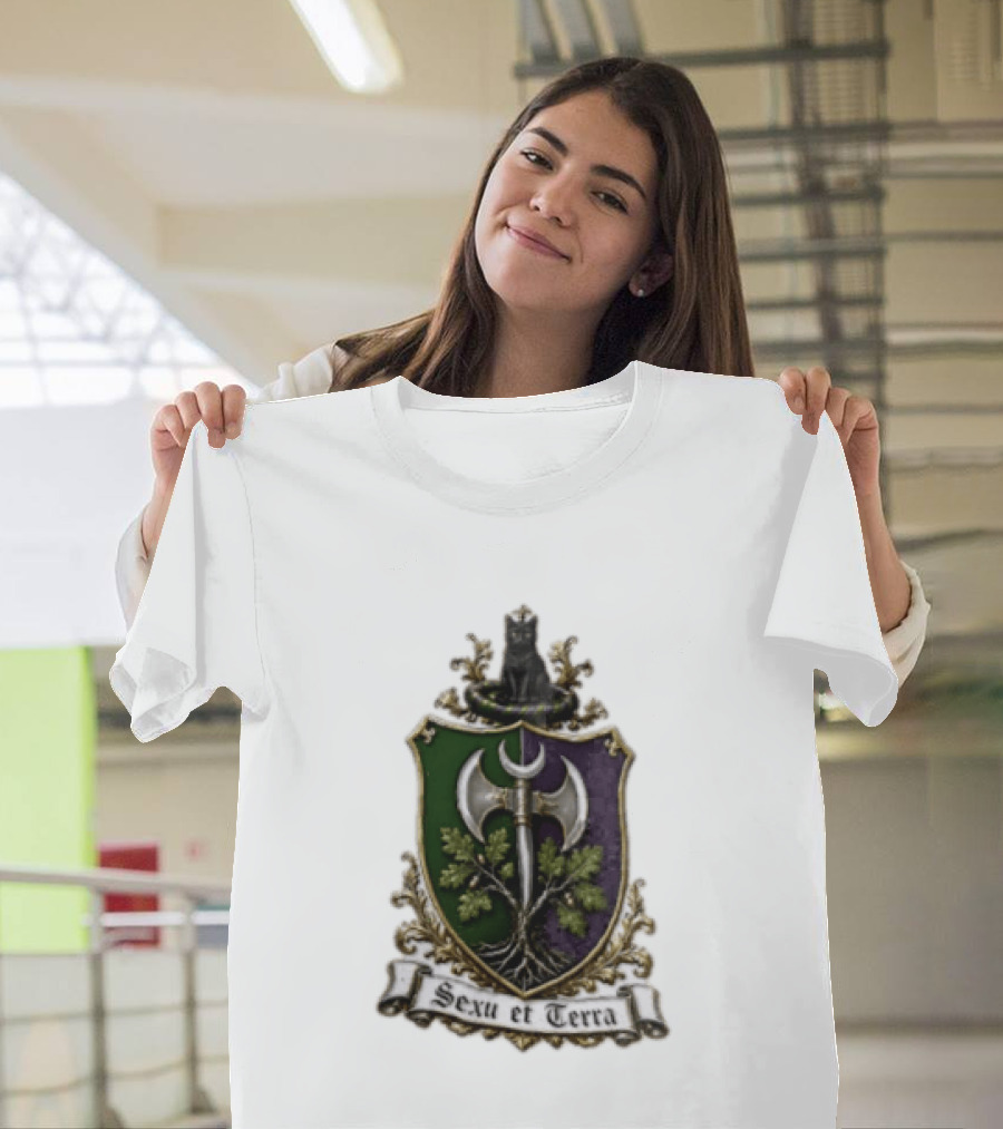 Sexu Et Terra Green Purple Shield Black Cat Axe And Tree Crest T-Shirt