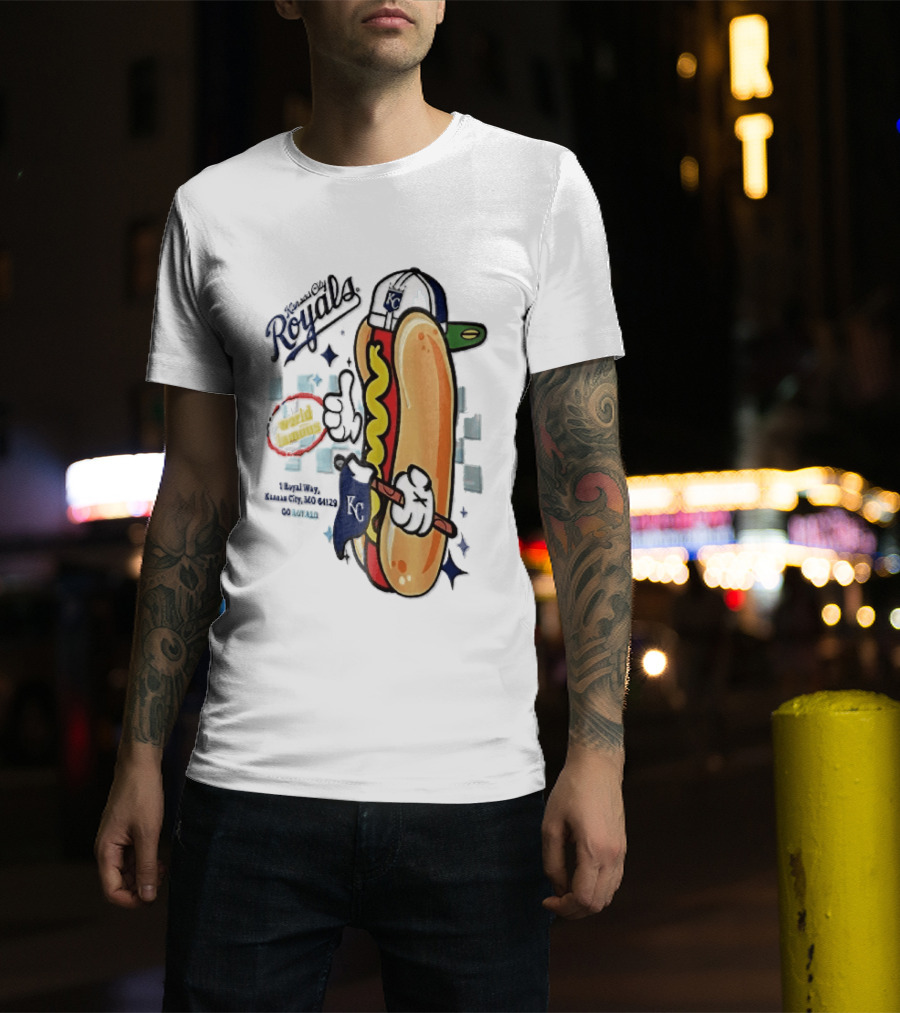 Kansas City Royals World Famous 1 Royal Way Mo 64129 Cartoon Hot Dog KC Cap T-Shirt