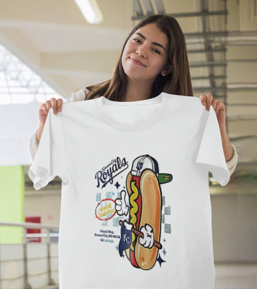 Kansas City Royals World Famous 1 Royal Way Mo 64129 Cartoon Hot Dog KC Cap T-Shirt