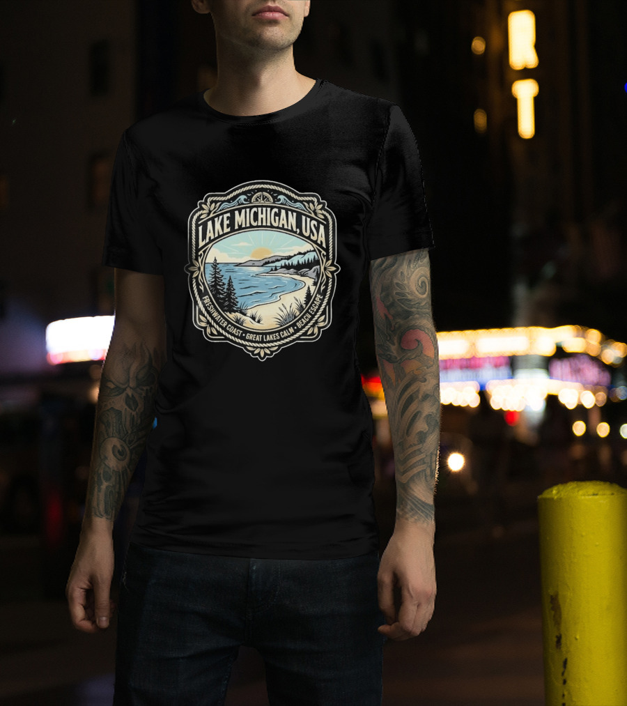 Lake Michigan USA Freshwater Coast Great Lakes Calm Beach Escape T-Shirt