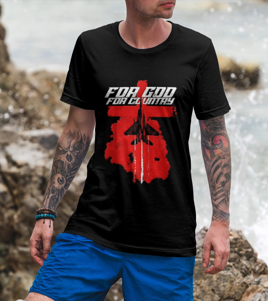 For God And For Country Red Fighter Jet Cross T-Shirt