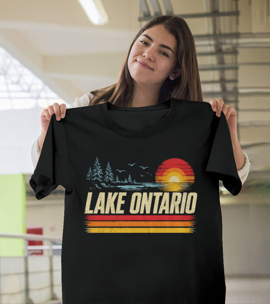 Lake Ontario Sunset Vintage Style With Pines And Birds T-Shirt