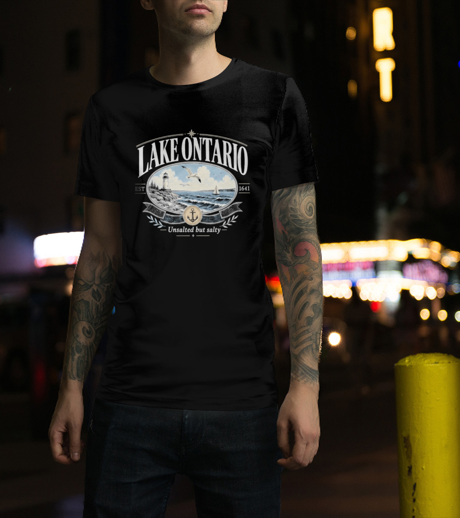 Lake Ontario Unsalted But Salty EST 1641 Seagull Lighthouse Sailboat Scene T-Shirt