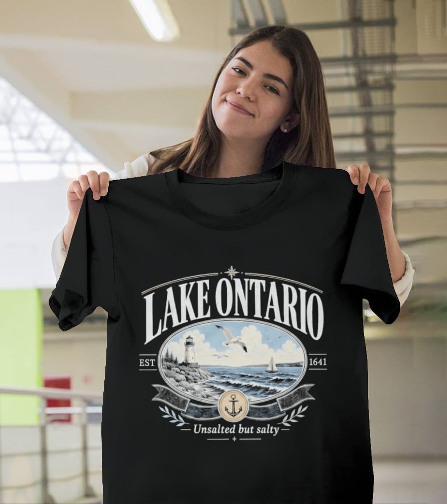 Lake Ontario Unsalted But Salty EST 1641 Seagull Lighthouse Sailboat Scene T-Shirt