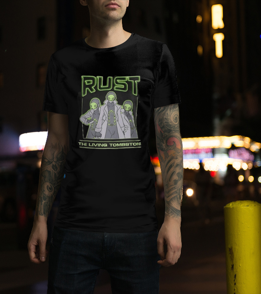 RUST The Living Tombstone Three Masked Figures Glowing Neon Trench Coats T-Shirt