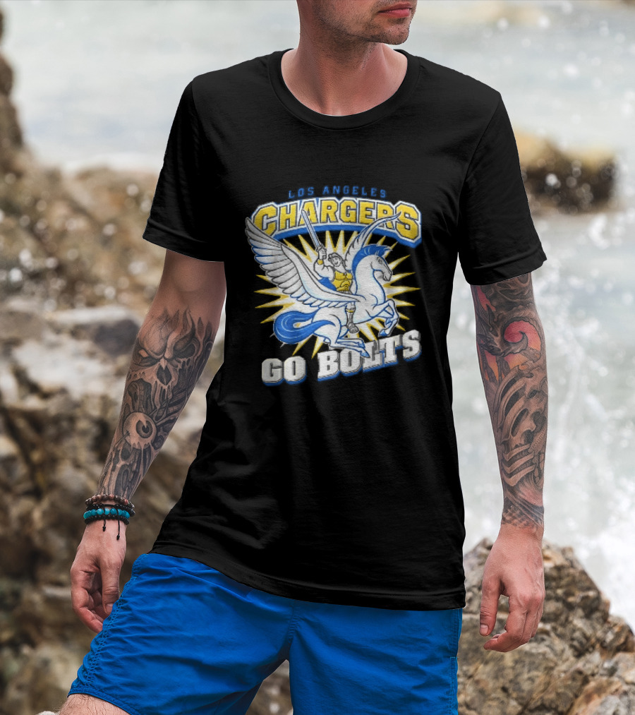 Los Angeles Chargers Go Bolts Hercules Pegasus Sword Cartoon Sunburst T-Shirt