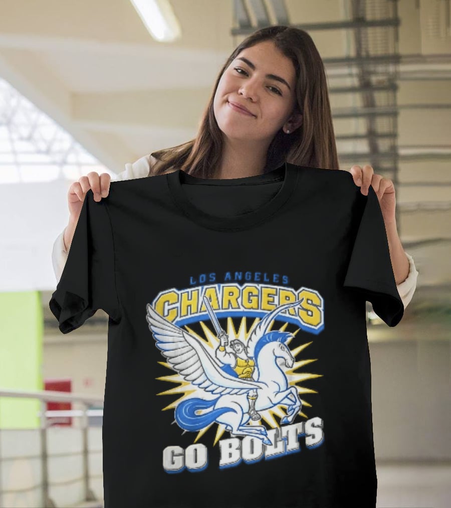 Los Angeles Chargers Go Bolts Hercules Pegasus Sword Cartoon Sunburst T-Shirt