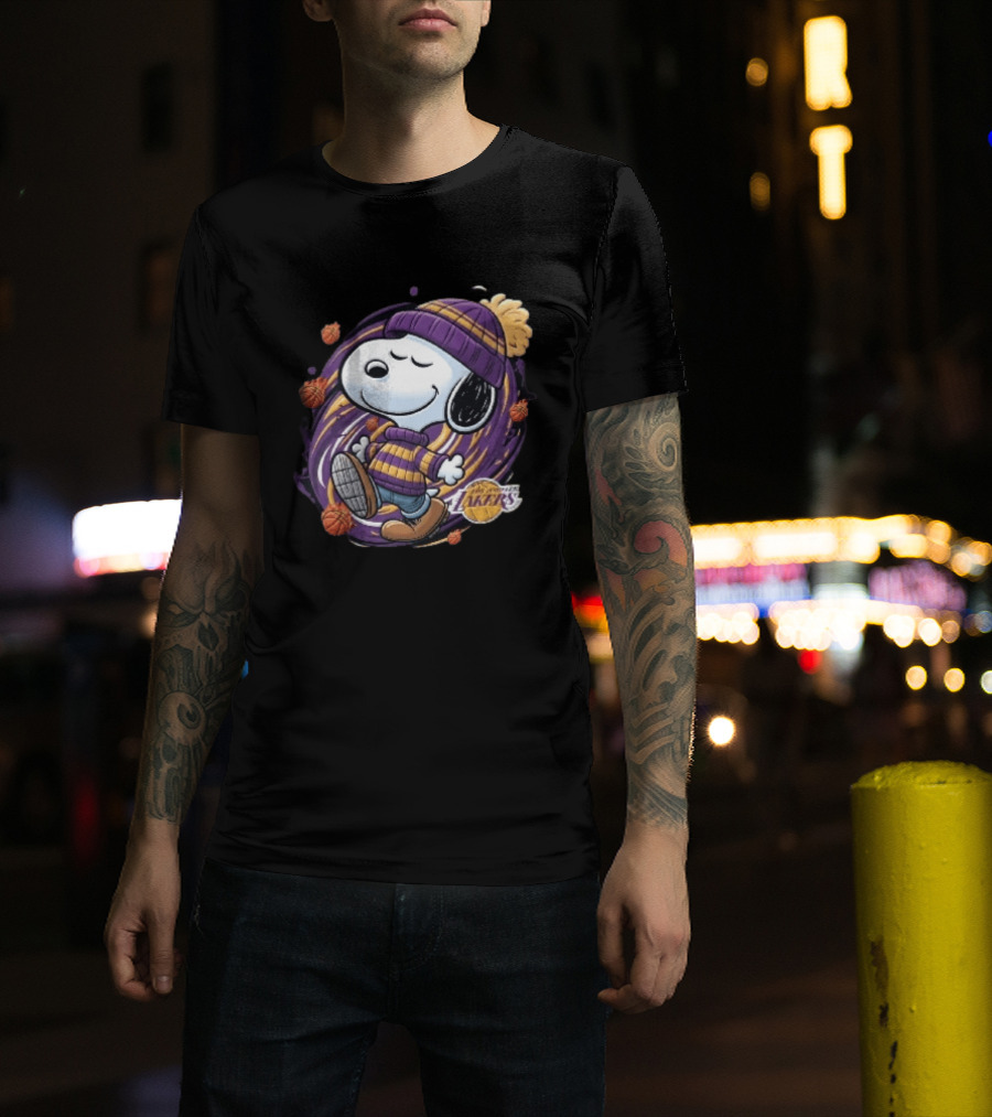 Los Angeles Lakers NBA Snoopy Cartoon Beanie Swirl Flaming Basketballs T-Shirt