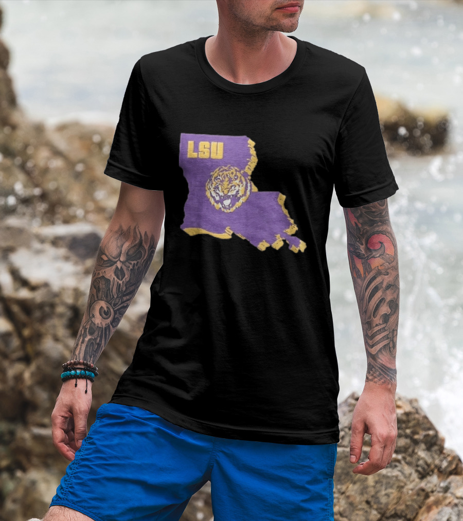 LSU Tigers NCAA Roaring Head Louisiana Map T-Shirt