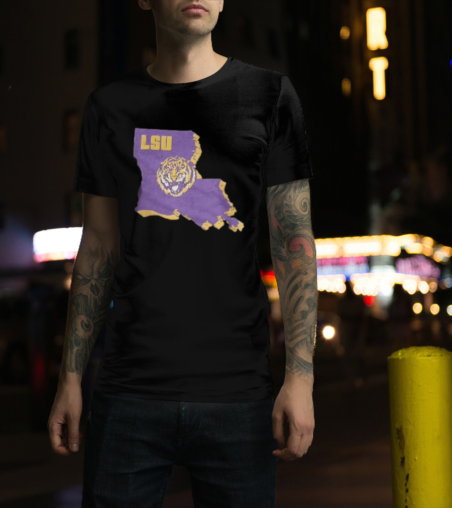 LSU Tigers NCAA Roaring Head Louisiana Map T-Shirt
