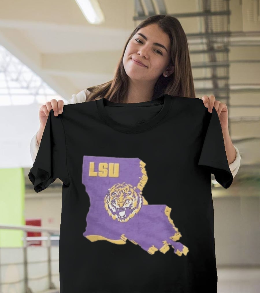 LSU Tigers NCAA Roaring Head Louisiana Map T-Shirt