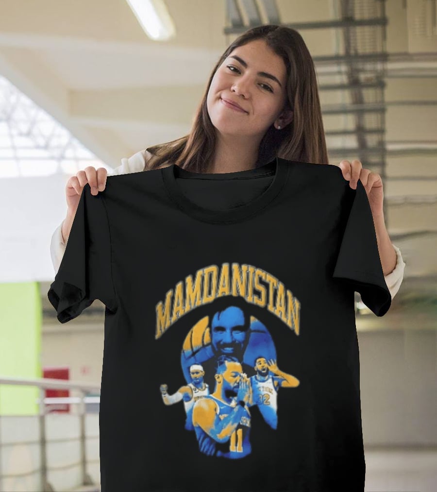 Mamdanistan Jalen Brunson Karl Anthony Towns Zohran Mamdani Halftone Basketball Collage T-Shirt