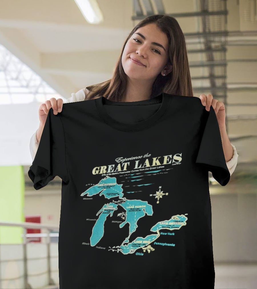 Experience The Great Lakes Map United States Geography Featuring Lake Michigan Superior Huron Erie Ontario T-Shirt