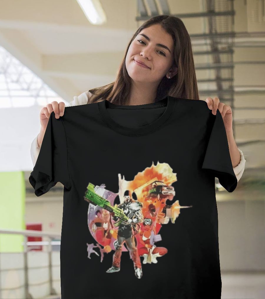 Masked Skeleton Soldier Green Rifle Fire Explosion Flying Truck Collage T-Shirt