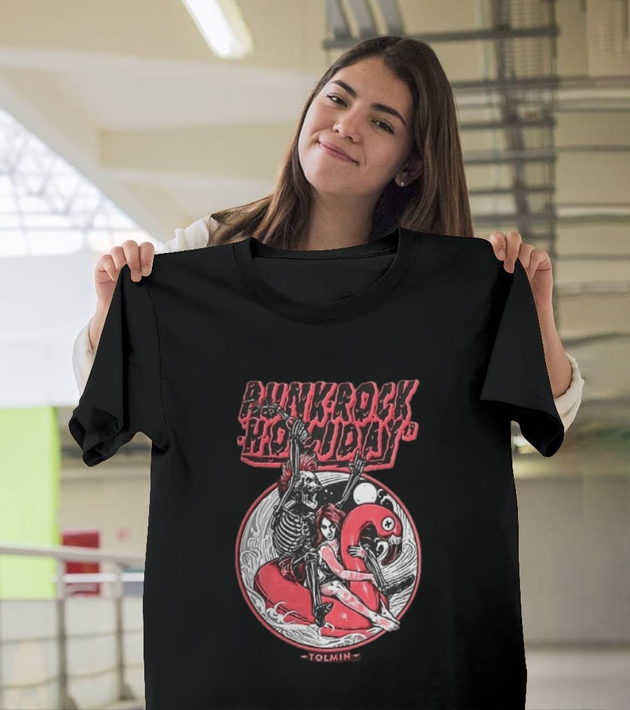 Punk Rock Holiday 19 Tolmin Mohawk Skeleton Riding Pink Flamingo Ocean Waves T-Shirt