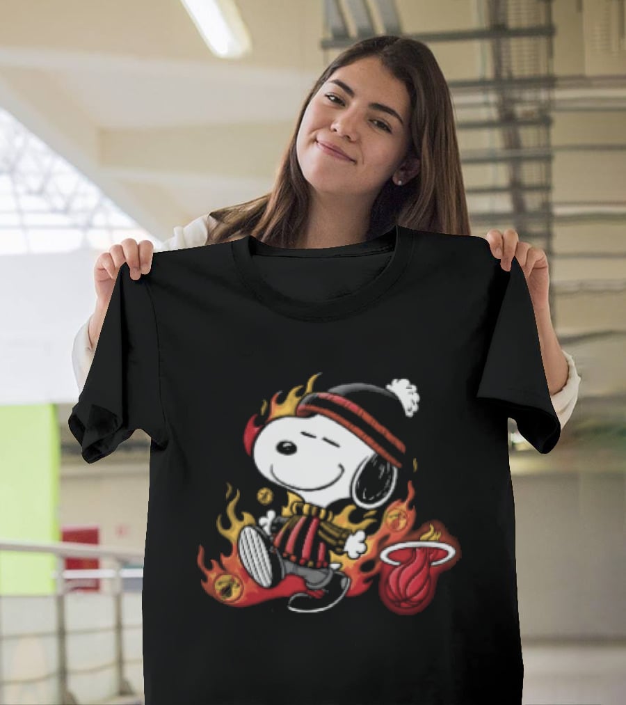 Miami Heat NBA Snoopy Walking Beanie Striped Flames Cartoon T-Shirt