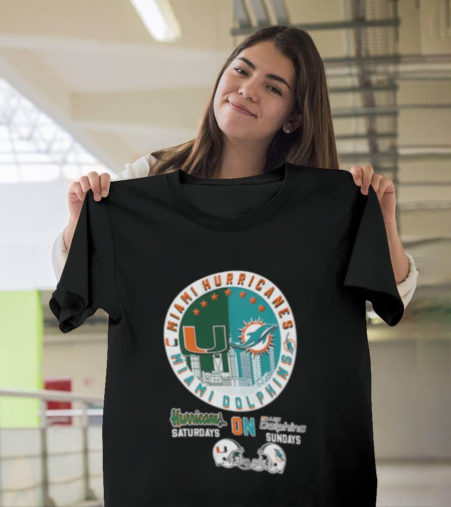 Miami Hurricanes Dolphins City Skyline Saturdays Sundays Two Helmets T-Shirt