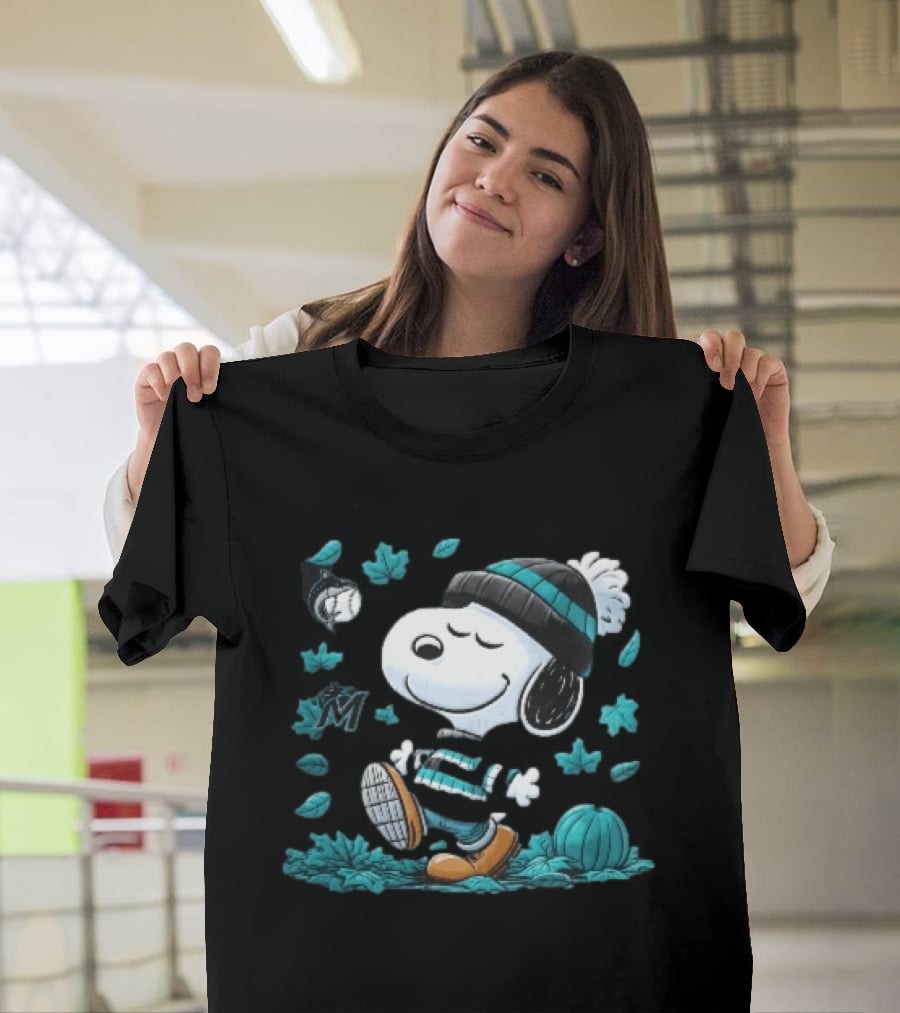Miami Marlins Snoopy Walking Winter Beanie Autumn Leaves Pumpkin MLB Cartoon T-Shirt