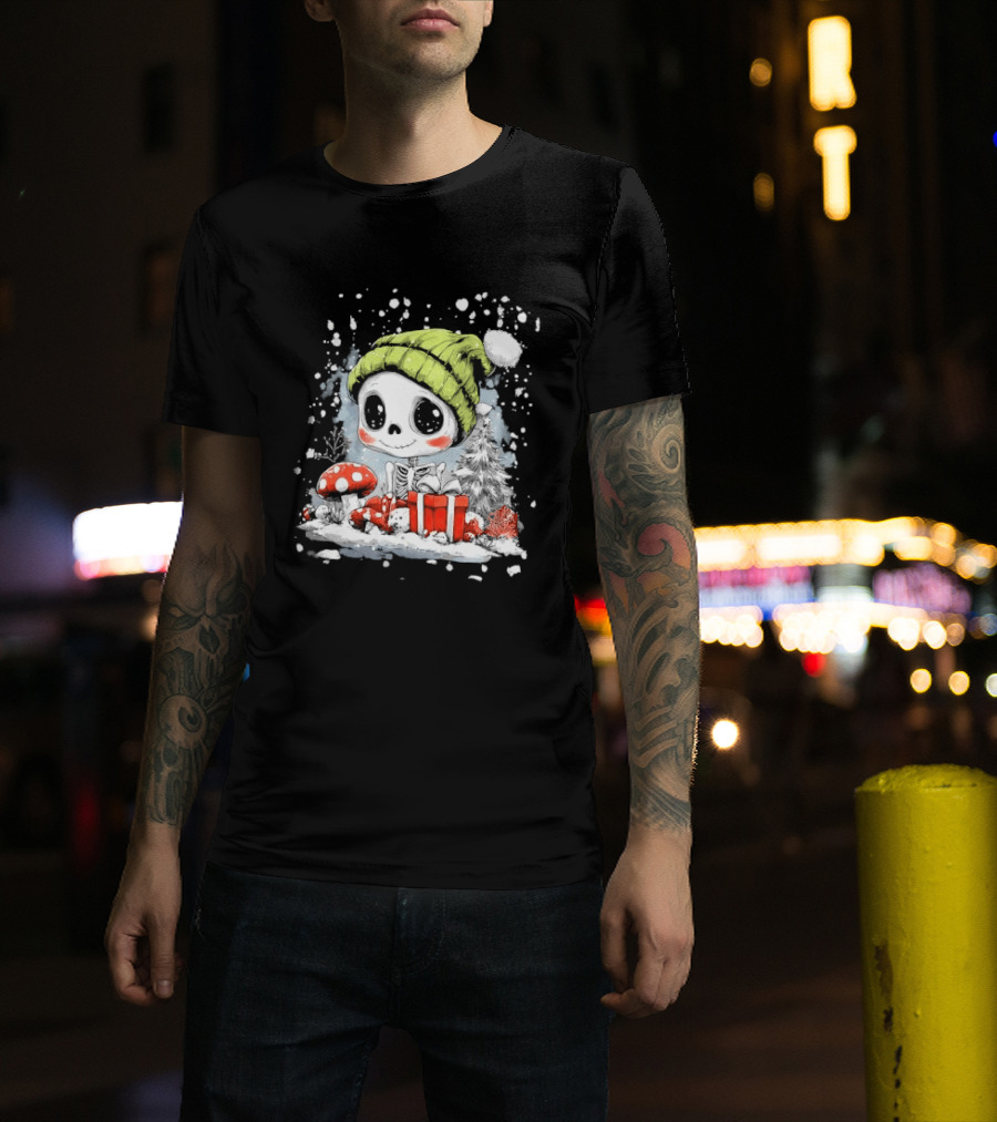 Skeleton In Green Beanie Hat With Mushroom And Christmas Present T-Shirt
