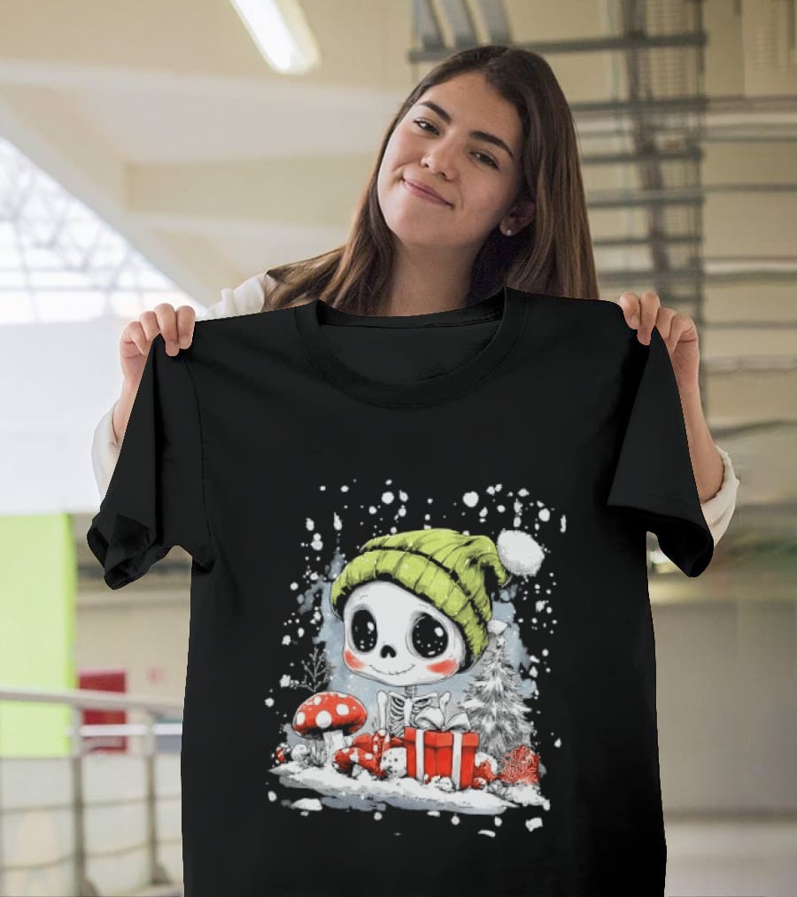 Skeleton In Green Beanie Hat With Mushroom And Christmas Present T-Shirt